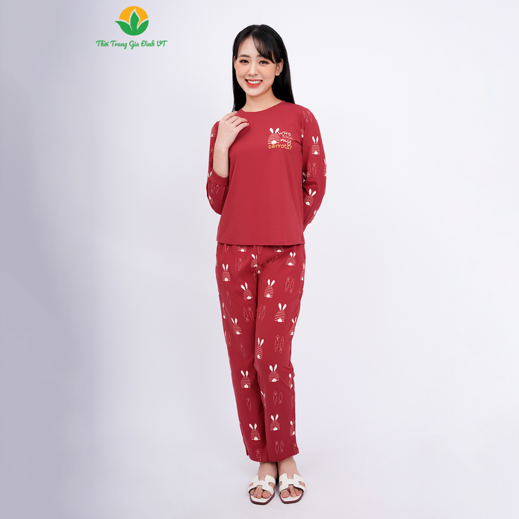 Đồ bộ cotton dệt kim nữ mặc nhà thời trang Việt Thắng, quần dài, áo dài tay màu in hình  - B50.2307