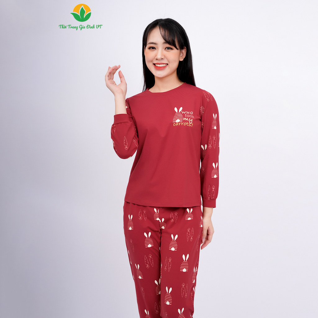 Đồ bộ cotton dệt kim nữ mặc nhà thời trang Việt Thắng, quần dài, áo dài tay màu in hình  - B50.2307