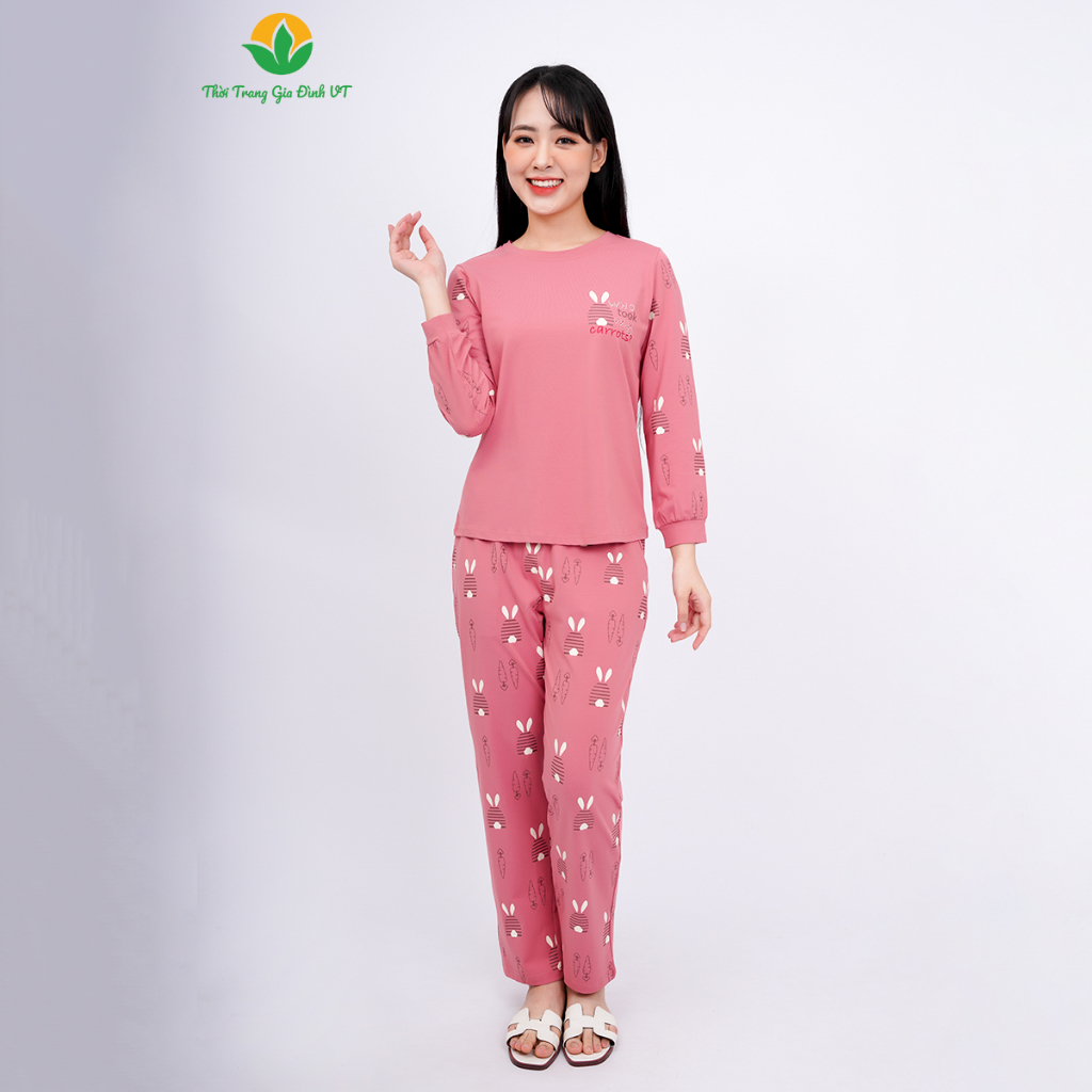 Đồ bộ cotton dệt kim nữ mặc nhà thời trang Việt Thắng, quần dài, áo dài tay màu in hình  - B50.2307