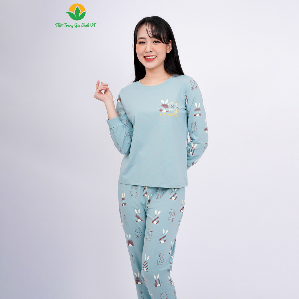 Đồ bộ cotton dệt kim nữ mặc nhà thời trang Việt Thắng, quần dài, áo dài tay màu in hình  - B50.2307