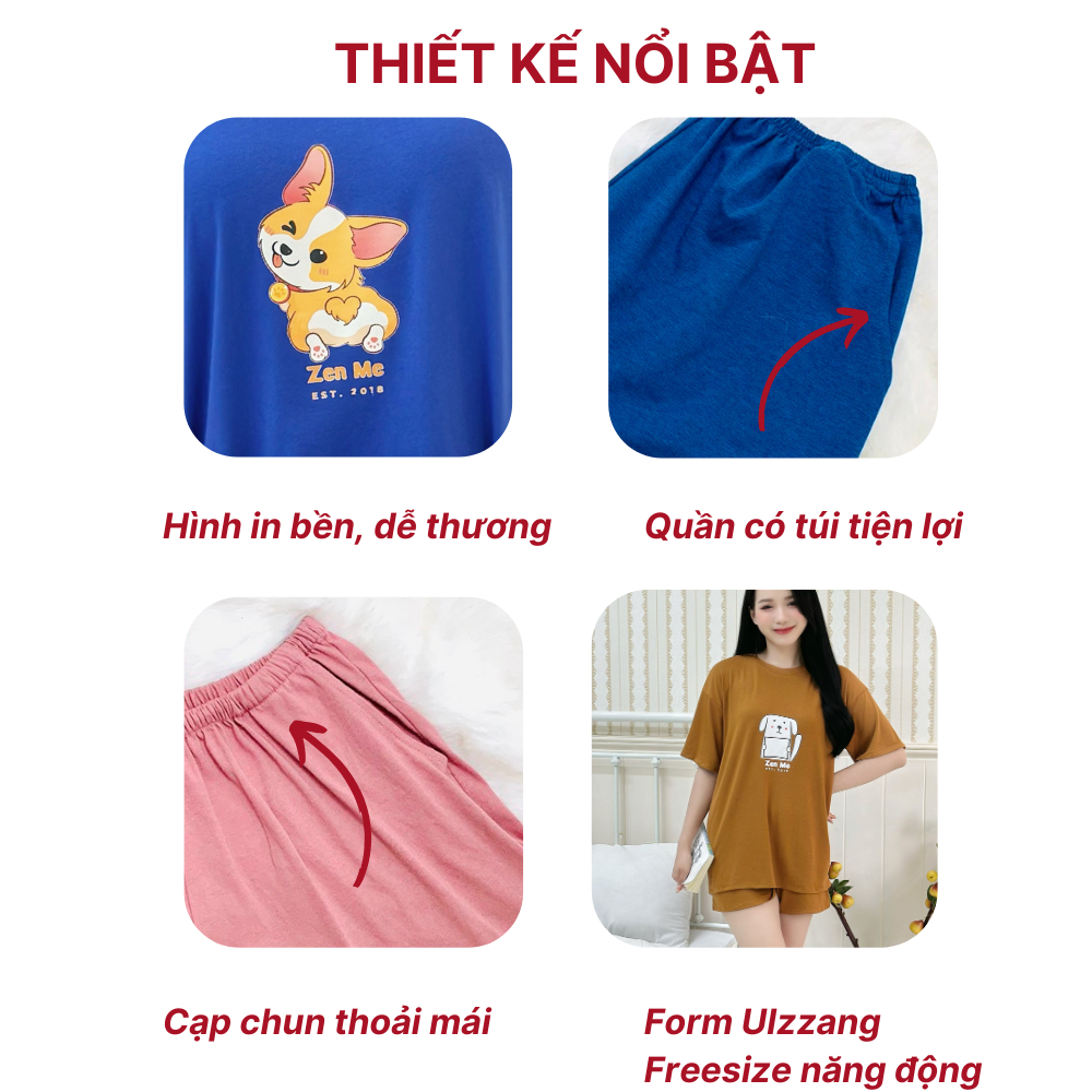 Đồ Bộ Nữ Mặc Ở Nhà Zen Me Chất Liệu Cotton - Bộ Cộc Tay Quần Đùi Cổ Tròn In Hình Dễ Thương BCD0823