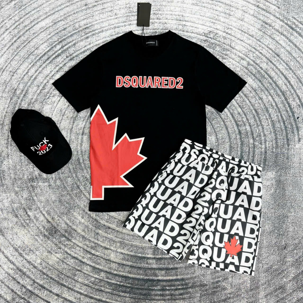 Bộ quần Áo Thun DSQ2 Chiếc Lá, Icon Phối Màu Đen Trắng Bộ Áo Phông Nam Sịn Sò DSQ NakaShop