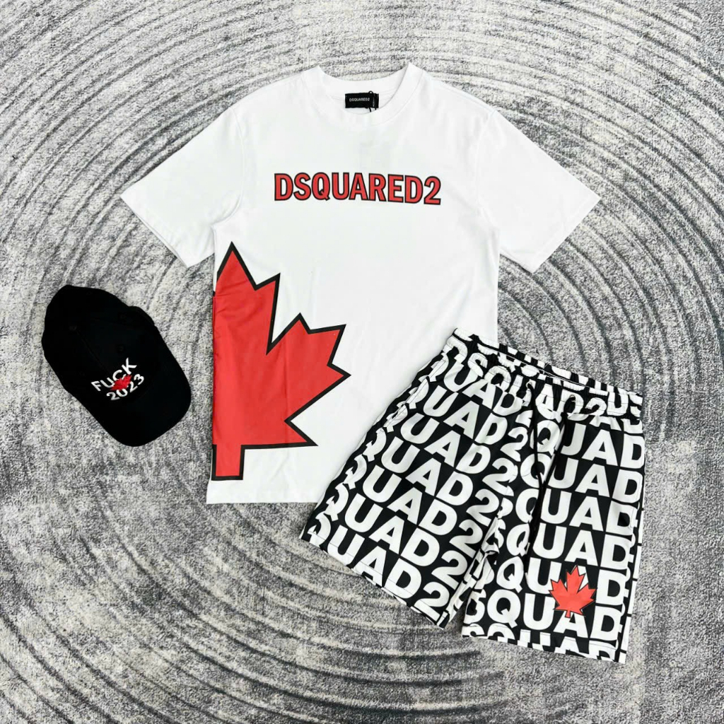 Bộ quần Áo Thun DSQ2 Chiếc Lá, Icon Phối Màu Đen Trắng Bộ Áo Phông Nam Sịn Sò DSQ NakaShop