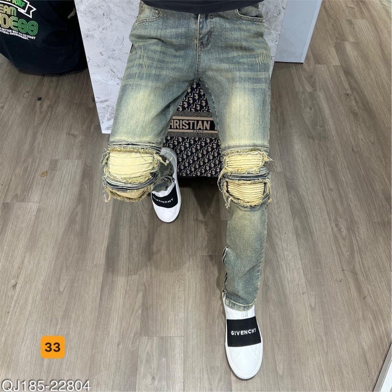 Quần Jean Nam Màu xanh kiểu rách vá da Phong Cách Trẻ Trung, Quần bò ống côn nam co dãn thoáng mát SOLOShop ms33
