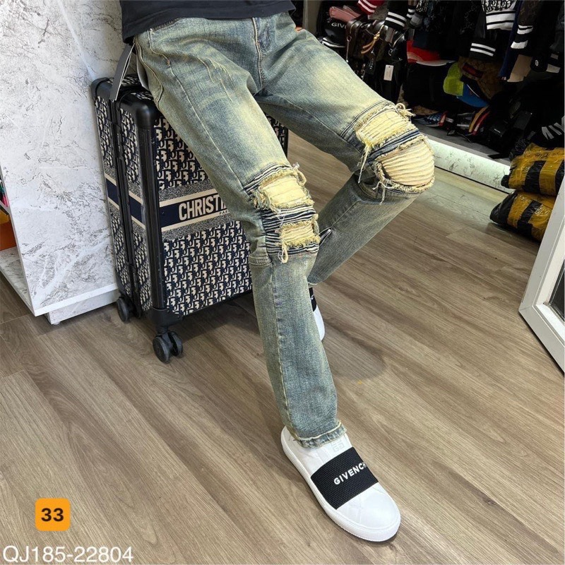 Quần Jean Nam Màu xanh kiểu rách vá da Phong Cách Trẻ Trung, Quần bò ống côn nam co dãn thoáng mát SOLOShop ms33