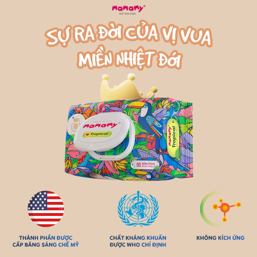 Khăn giấy ướt 100% sợi tự nhiên và rayon Mamamy Tropical Tinh dầu cúc vạn thọ/Không mùi 60 tờ