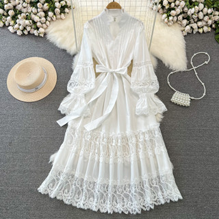 #3592 [Order] Đầm dài tay cổ chân kèm dây buộc eo thanh lịch