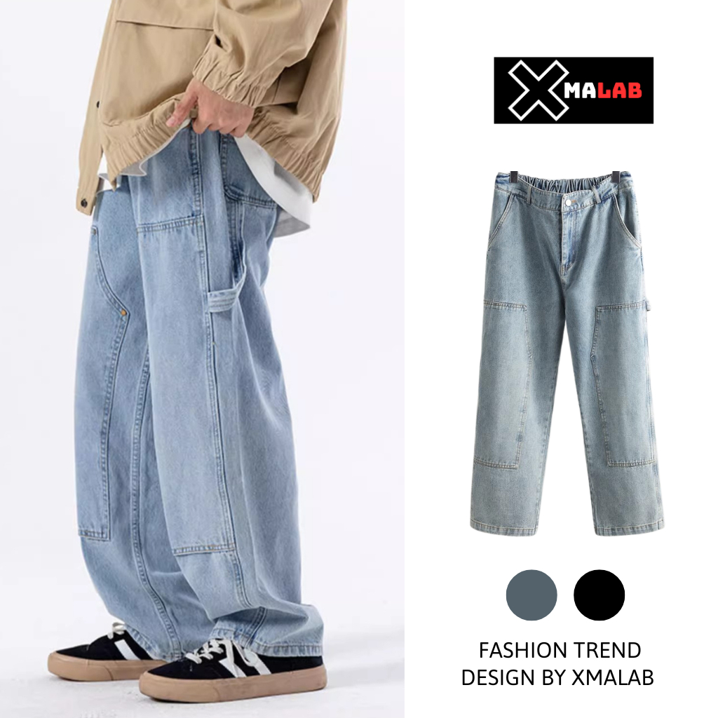 Quần jeans ống rộng XMALAB dài may đắp, chất bò nam suông hack dáng phong cách Hàn Quốc hip hop dễ phối đồ KS86