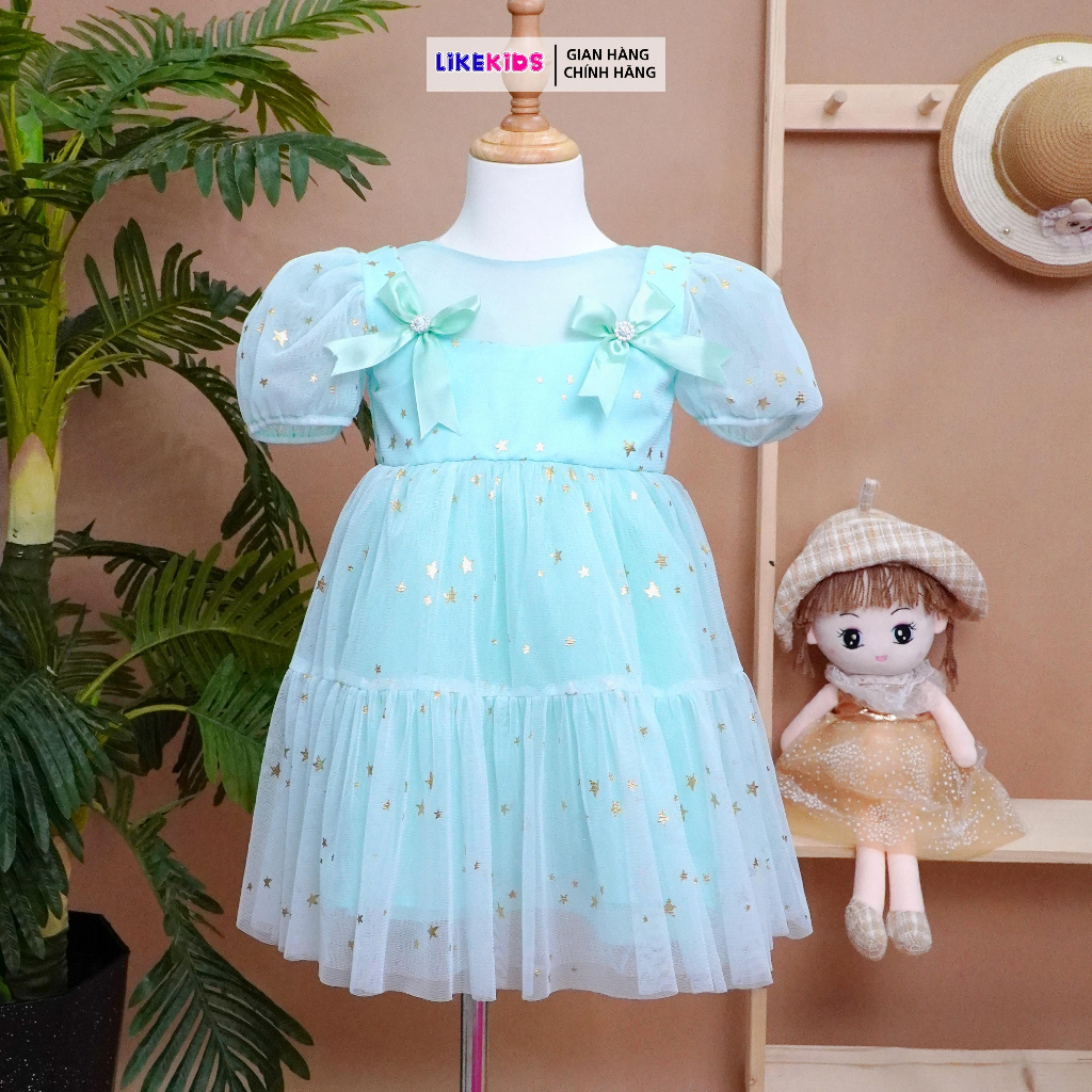 Đầm công chúa, váy bé gái họa tiết hai nơ xinh xắn F68 - Likekids