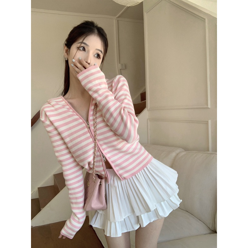 Áo len mỏng ngắn hoodie có mũ cardigan khoá kéo sọc ngang nhỏ hồng pastel và xanh xám dáng ngắn mùa thu nữ sinh