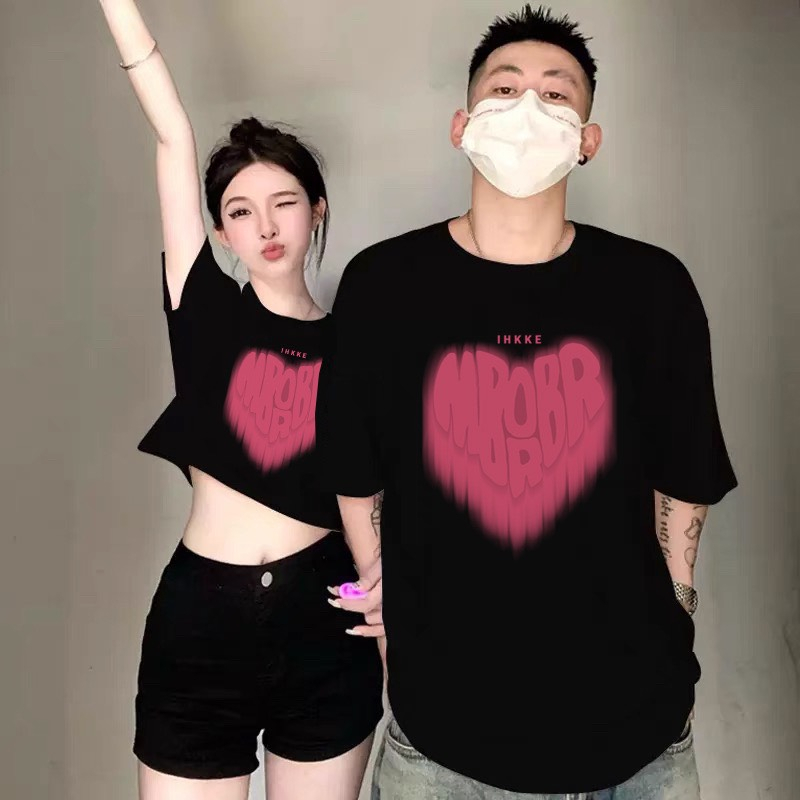 Áo Thun Đôi Nam Nữ Sơn Trái Tim Cotton Unisex Và Áo Croptop Baby NakaShop