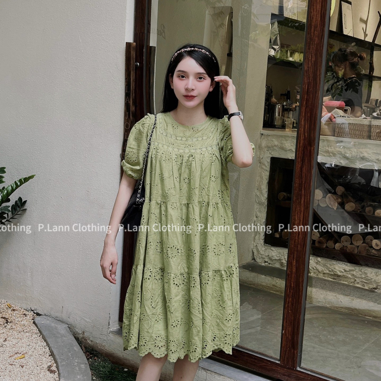 Váy Babydoll Tay Cộc-Dài Hàng 2 Lớp Có Bigsize MIZU - Đầm Cổ Tròn Hoa Thêu Dáng Suông Rộng Rãi - Chất Vải Boi Lót Lanh