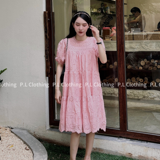 Váy Babydoll Tay Cộc-Dài Hàng 2 Lớp Có Bigsize MIZU - Đầm Cổ Tròn Hoa Thêu Dáng Suông Rộng Rãi - Chất Vải Boi Lót Lanh