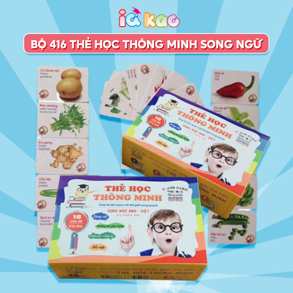 Bộ thẻ học thông minh 416 thẻ với 16 chủ đề về thế giới xung quanh cho bé  song ngữ Anh - Việt IQ Kao