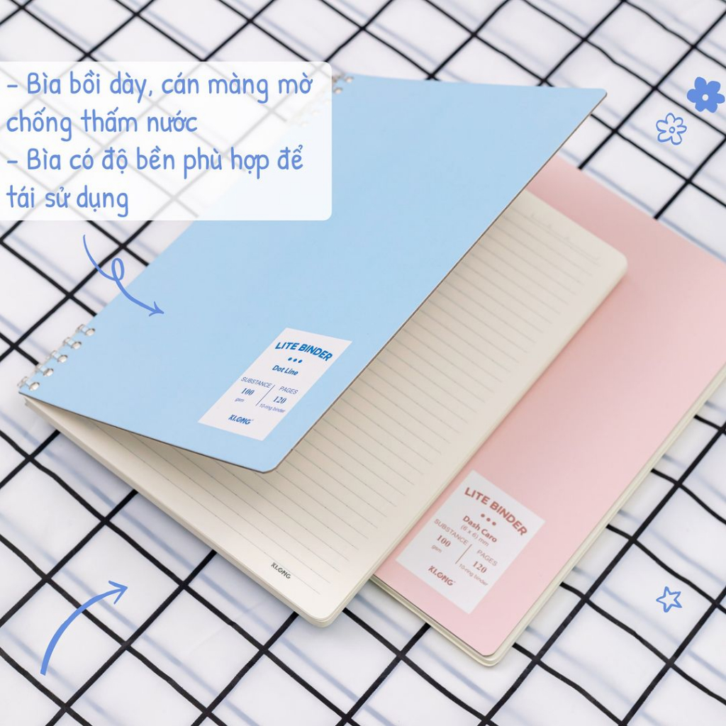 Vở KLONG Lite Binder Caro/Kẻ Ngang kẹp còng nhựa 2 đầu B5 120 trang 100gsm MS 809 810