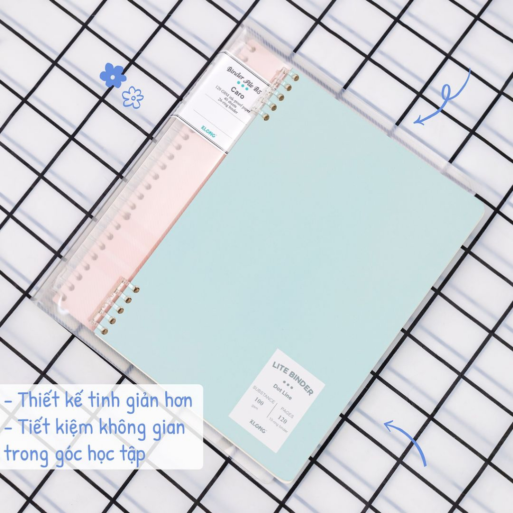 Vở KLONG Lite Binder Caro/Kẻ Ngang kẹp còng nhựa 2 đầu B5 120 trang 100gsm MS 809 810