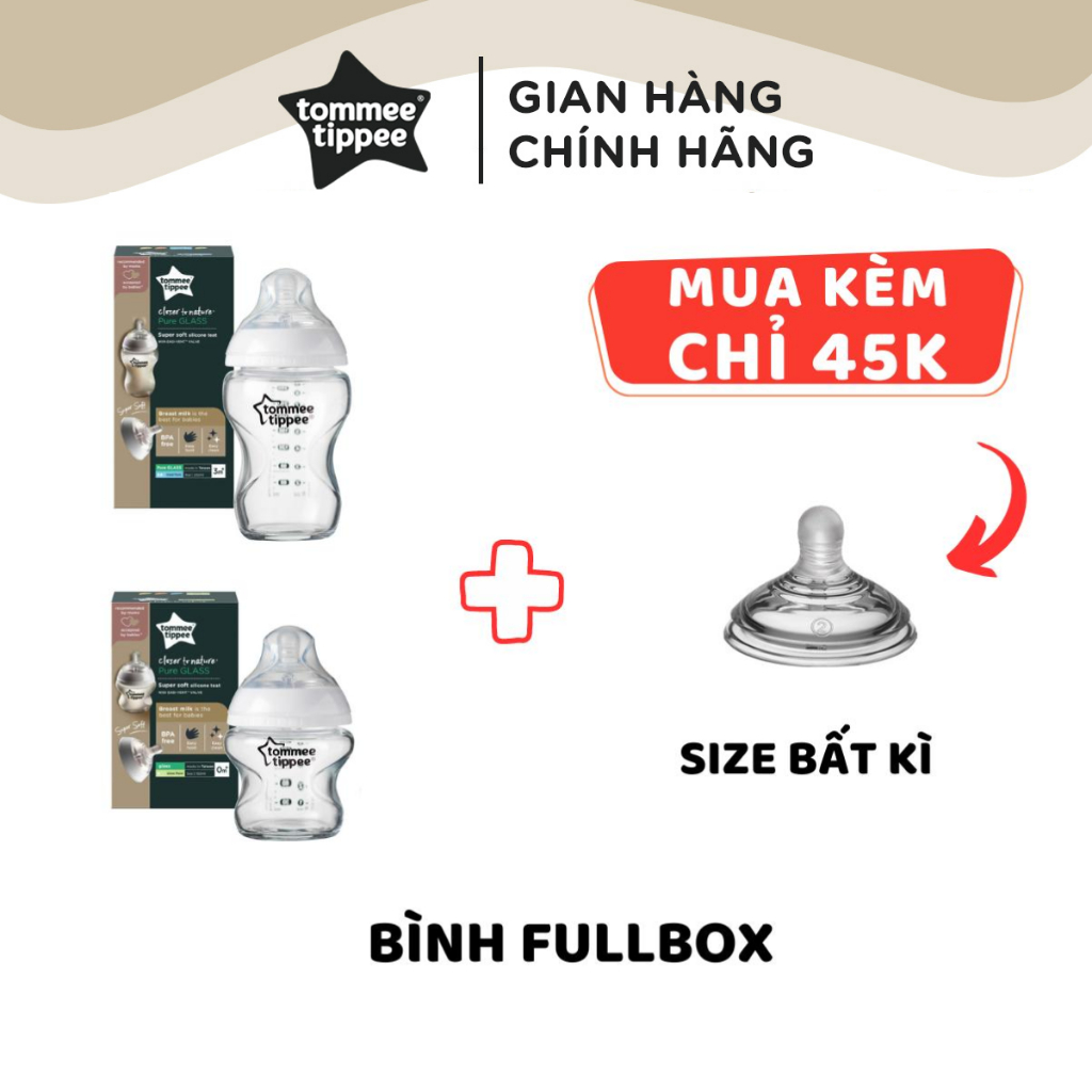 Bình Sữa Thuỷ Tinh Ty Siêu Mềm Tự Nhiên Tommee Tippee 150ml, 250ml, Nhiều Size Cho Bé, Được Mua Kèm Thêm 01 Núm Ty Bất K