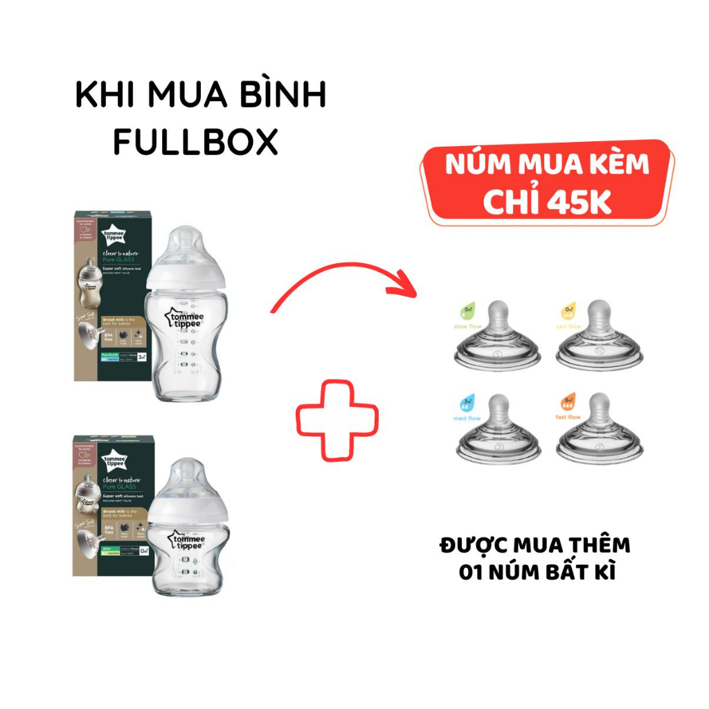 Bình Sữa Thuỷ Tinh Ty Siêu Mềm Tự Nhiên Tommee Tippee 150ml, 250ml, Nhiều Size Cho Bé, Được Mua Kèm Thêm 01 Núm Ty Bất K