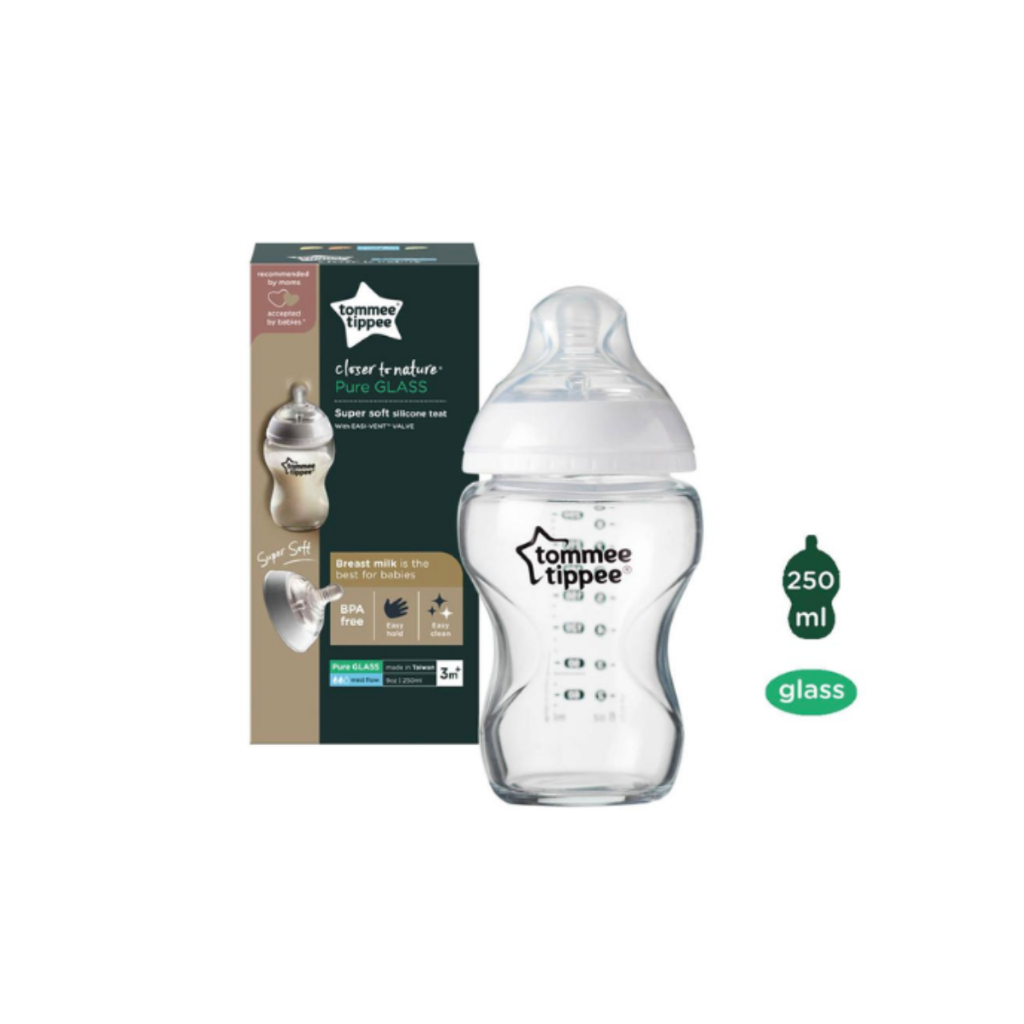 Bình Sữa Thuỷ Tinh Ty Siêu Mềm Tự Nhiên Tommee Tippee 150ml, 250ml, Nhiều Size Cho Bé, Được Mua Kèm Thêm 01 Núm Ty Bất K