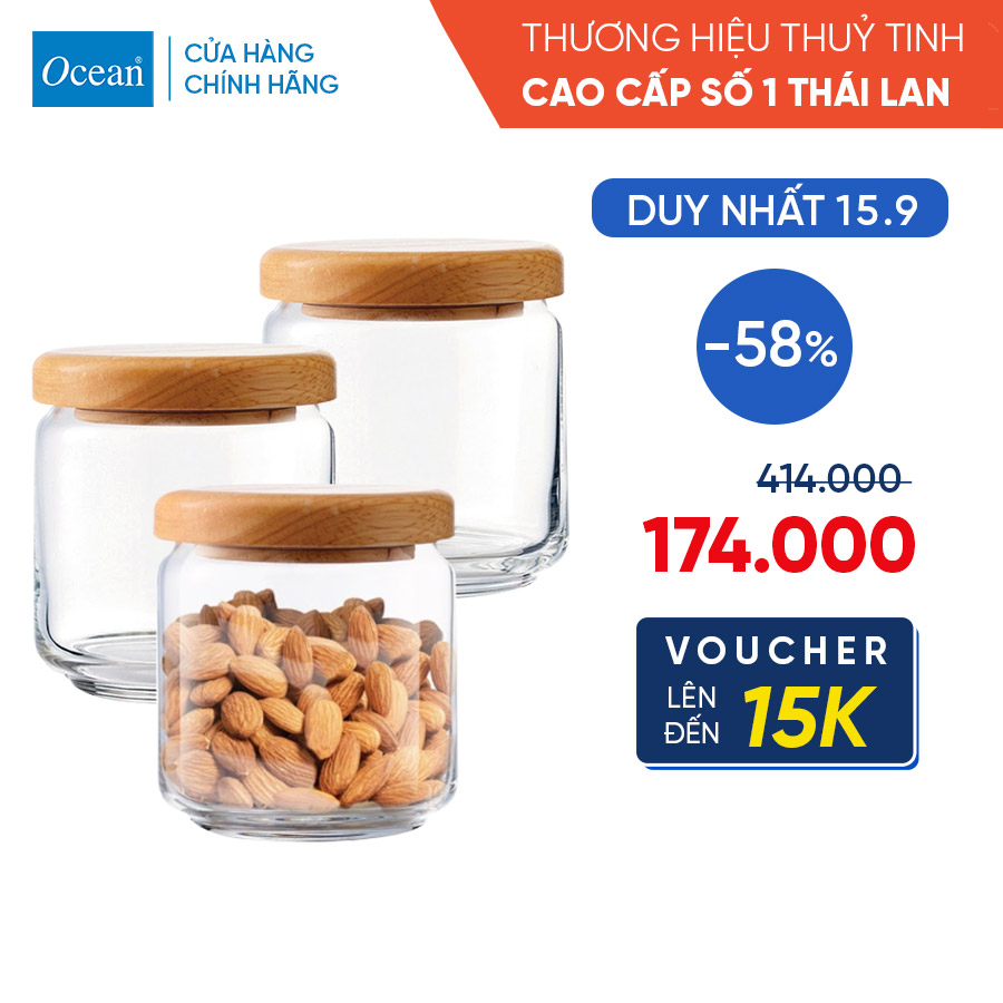 Bộ 3 Hũ Thủy Tinh Nắp Gỗ - Ocean Housewarming 500ml - Chính Hãng