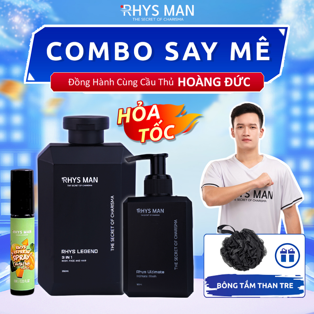 Quà tặng bạn trai Sữa tắm nam 3 in 1 hương nước hoa & Dung dịch vệ sinh nam 120ml & Xịt thơm miệng 10ml RHYS MAN