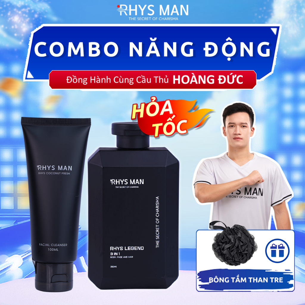 Bộ quà tặng Sữa tắm gội nam Rhys Legend 3in1 350 ml & Sữa rửa mặt nam hương dừa 100ml