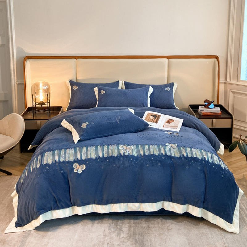 Bộ Chăn Ga Gối 4 Món Nỉ Nhung thêu ANNA ENGELMANN cao cấp siêu mềm mịn ấm áp mùa đông