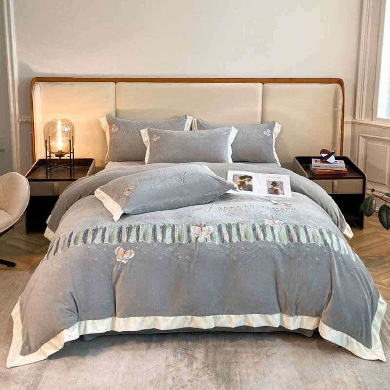 Bộ Chăn Ga Gối 4 Món Nỉ Nhung thêu ANNA ENGELMANN cao cấp siêu mềm mịn ấm áp mùa đông