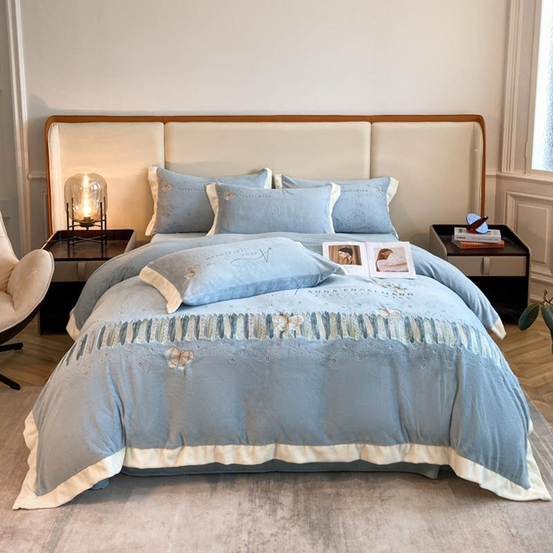 Bộ Chăn Ga Gối 4 Món Nỉ Nhung thêu ANNA ENGELMANN cao cấp siêu mềm mịn ấm áp mùa đông