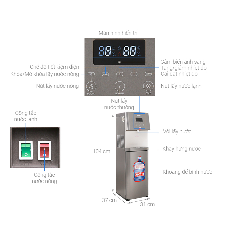 Cây nước nóng lạnh Toshiba RWF-W1830UVBV&RWF-W1830BV bình âm tủ, khóa trẻ em, chính hãng, bảo hành 12tháng tại nhà