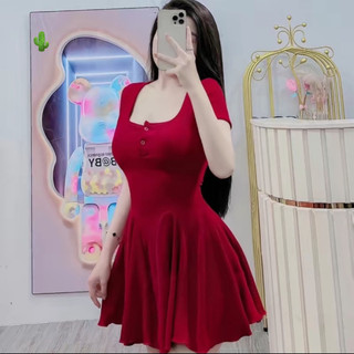 🍒🍒🍒 🌵🌵đầm gài nút cổ vuông xòe dáng ngắn chất thun gân hot pc