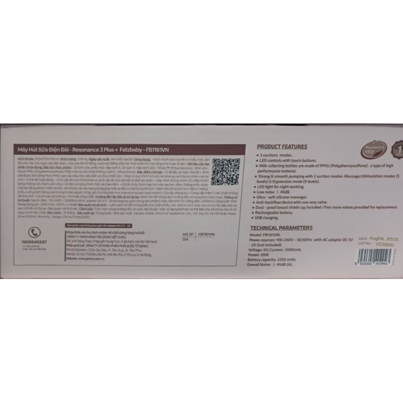 Máy hút sữa điện đôi có pin sạc Fatz Fatzbaby Resonance 3 Plus - FB1161VN