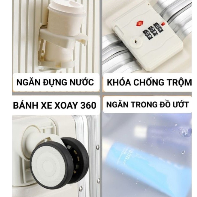 Vali khung nhôm khóa sập cao cấp trung nội địa All in one cực xịn, có khay đựng cốc, móc treo tiện lợi