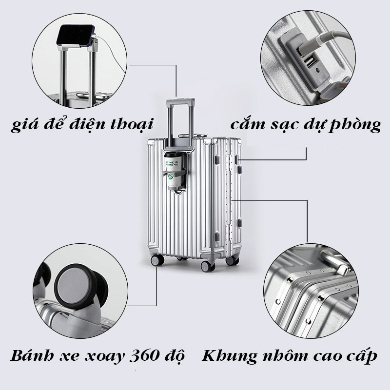 Vali khung nhôm khóa sập cao cấp trung nội địa All in one cực xịn, có khay đựng cốc, móc treo tiện lợi