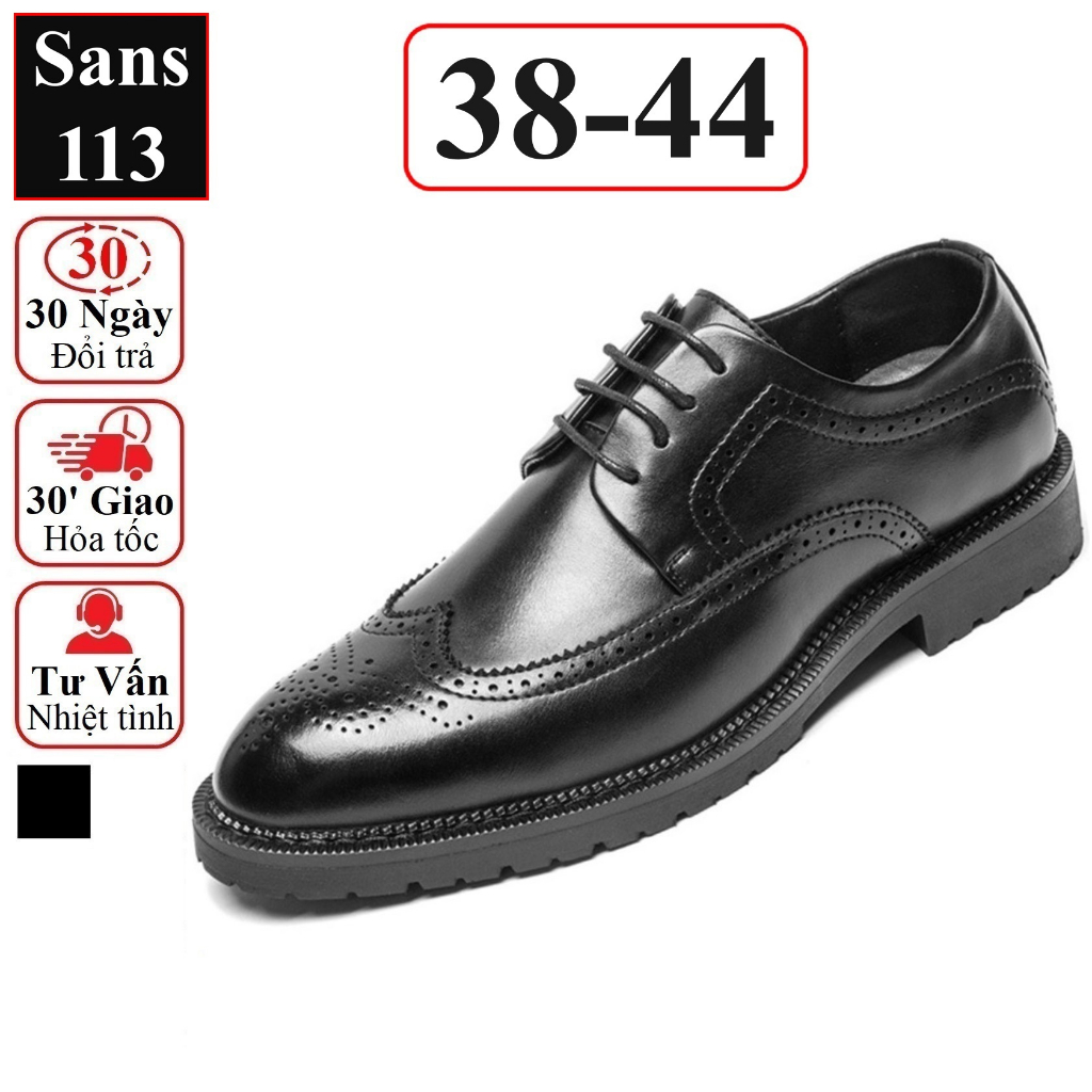 Giày oxford nam cao cấp êm chân Sans113 giầy tây công sở đen mũi tròn âu buộc dây chú rể cưới brogue derby wingtip