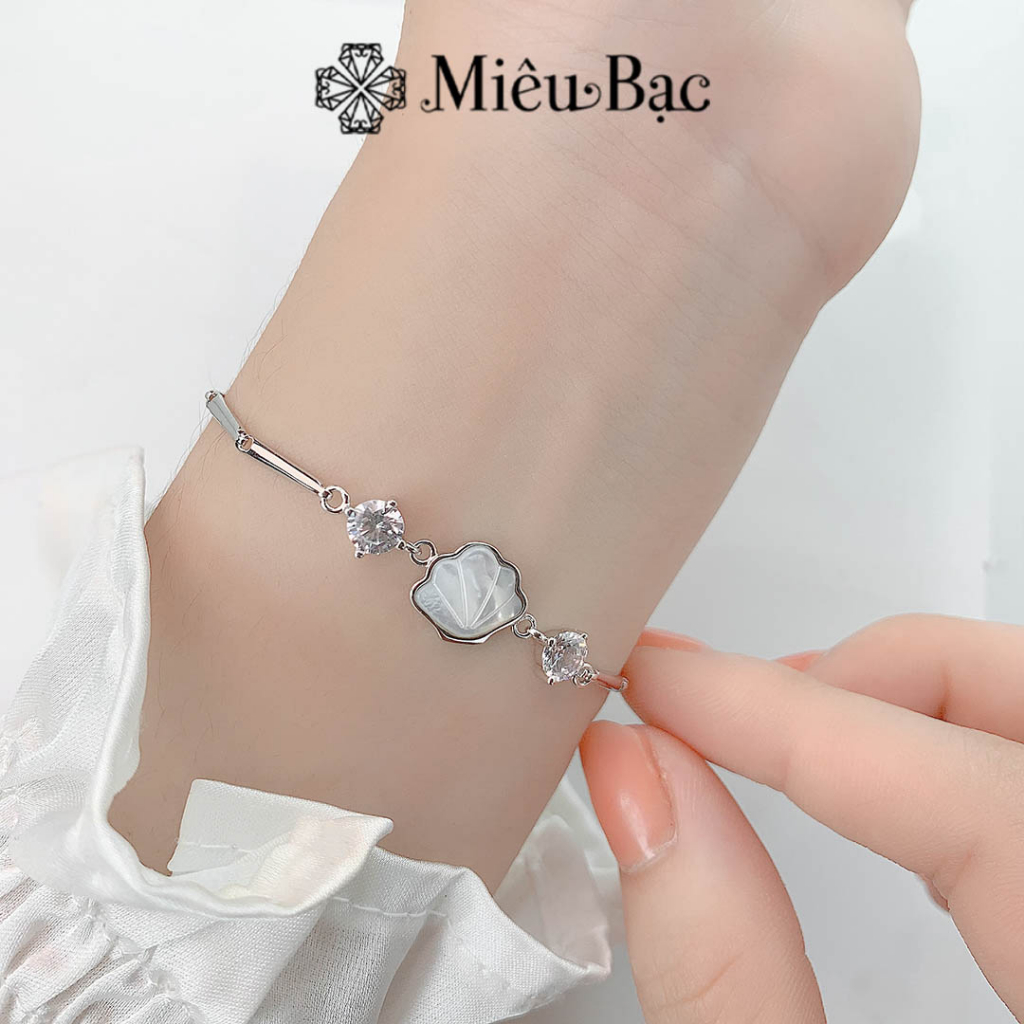 Lắc tay bạc nữ Miêu bạc vòng tay vỏ sò đá mặt trăng moonstone chất liệu bạc 925 xi kim màu trắng xám L000146x