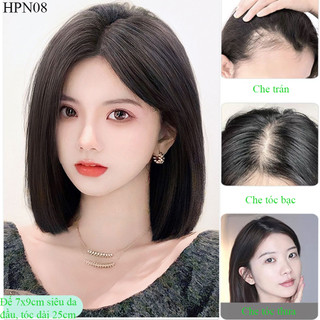 Tóc giả nữ siêu da đầu che hói, tóc bạc, trán cao. làm từ tóc thật