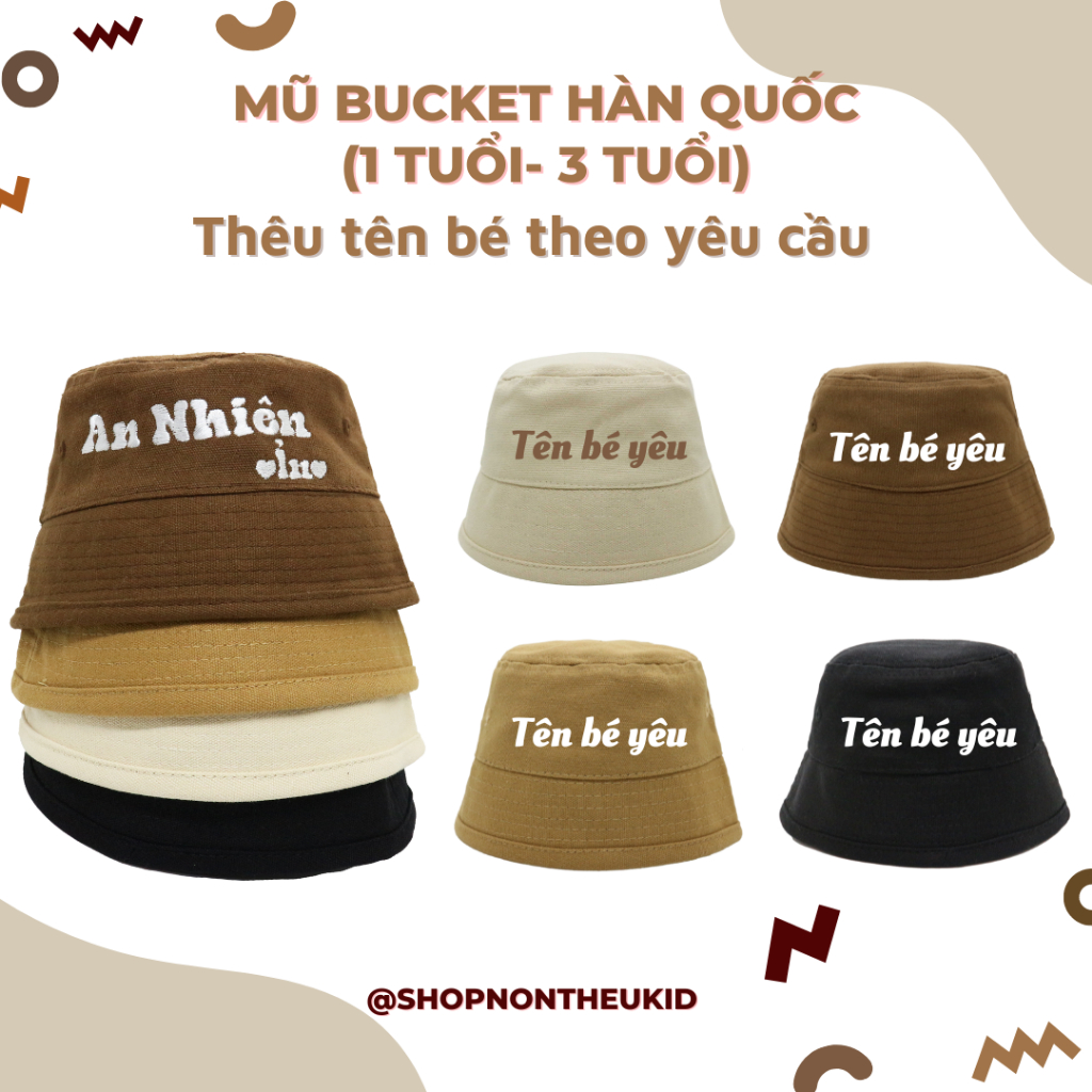 Nón bucket phong cách Hàn Quốc thêu tên bé theo yêu cầu [SHOPNONTHEU]