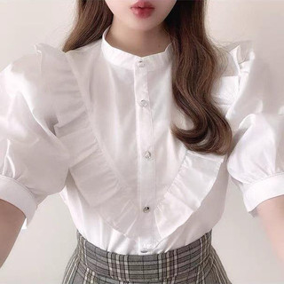B1118- áo sơ mi công sở nữ cổ trụ viền bèo tay ngắn trẻ trung lamo