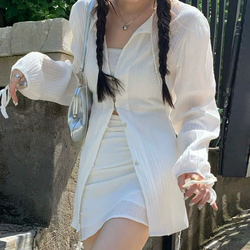 Bộ đồ thu xuân Kumikumi nữ tay dài áo sơ mi buộc dây váy xếp ly