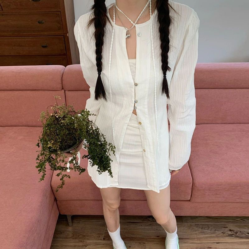 Bộ đồ thu xuân Kumikumi nữ tay dài áo sơ mi buộc dây váy xếp ly