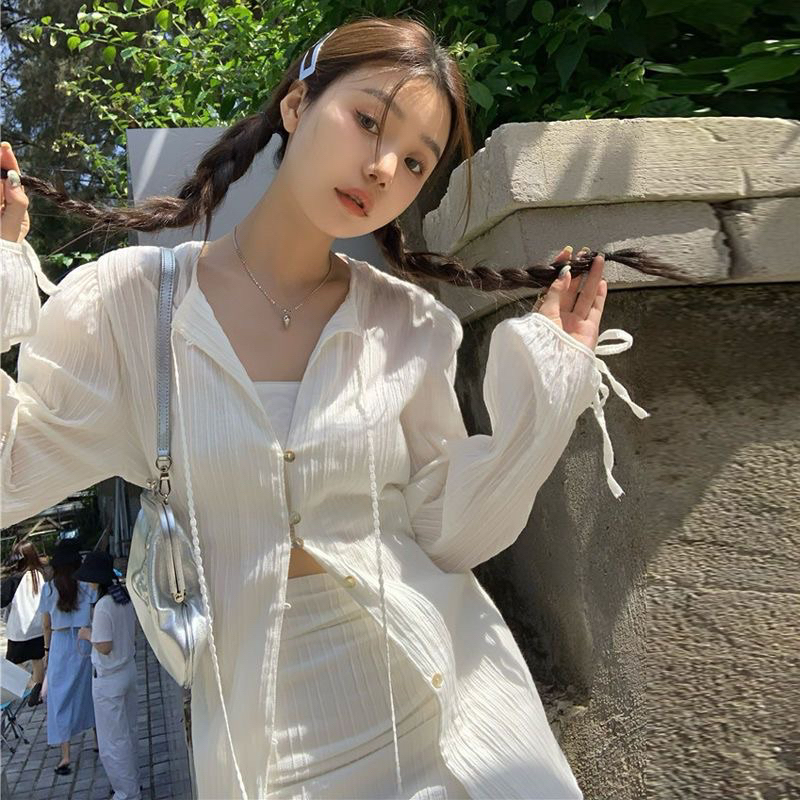 Bộ đồ thu xuân Kumikumi nữ tay dài áo sơ mi buộc dây váy xếp ly