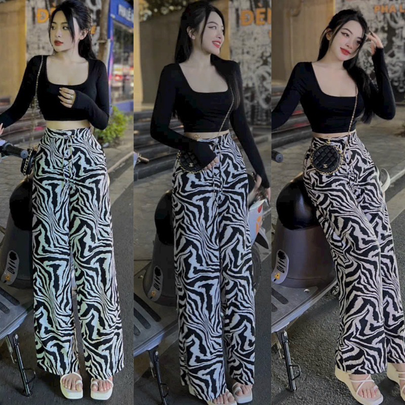 Set Bộ Áo Thun Zip Cổ Vuông Tay Dài + Quần Ống Xuông ORONG Vằn Ngựa
