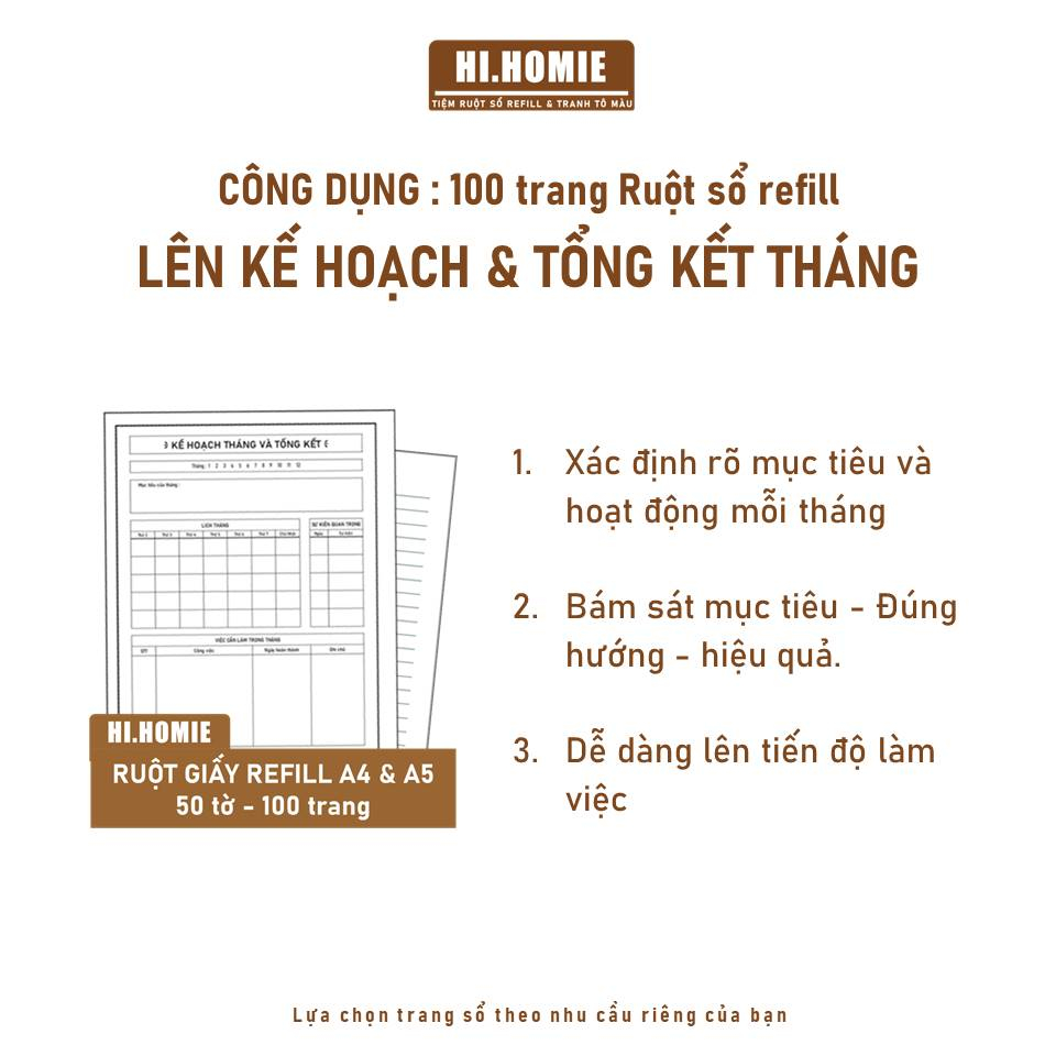 Sổ tay Lên Kế hoạch và Tổng kết tháng | 100 trang Giấy refill, ruột sổ còng | A5, A4, B5 - Hi Homie