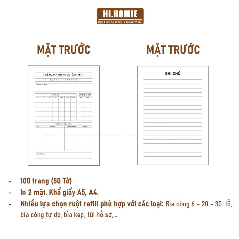 Sổ tay Lên Kế hoạch và Tổng kết tháng | 100 trang Giấy refill, ruột sổ còng | A5, A4, B5 - Hi Homie