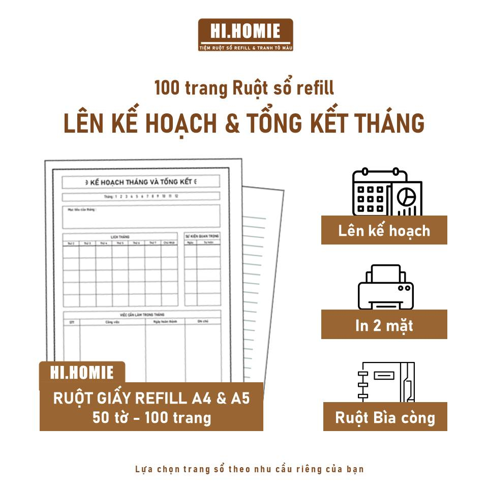 Sổ tay Lên Kế hoạch và Tổng kết tháng | 100 trang Giấy refill, ruột sổ còng | A5, A4, B5 - Hi Homie