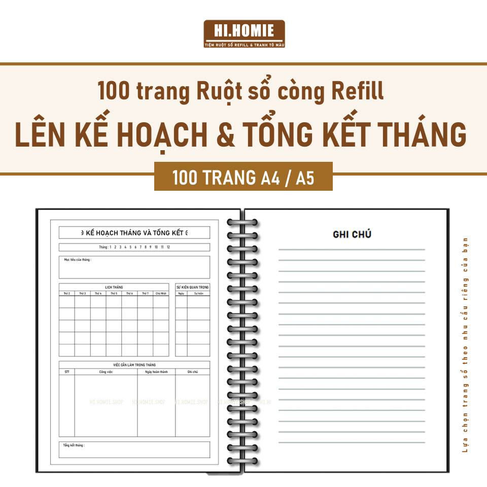 Sổ tay Lên Kế hoạch và Tổng kết tháng | 100 trang Giấy refill, ruột sổ còng | A5, A4, B5 - Hi Homie