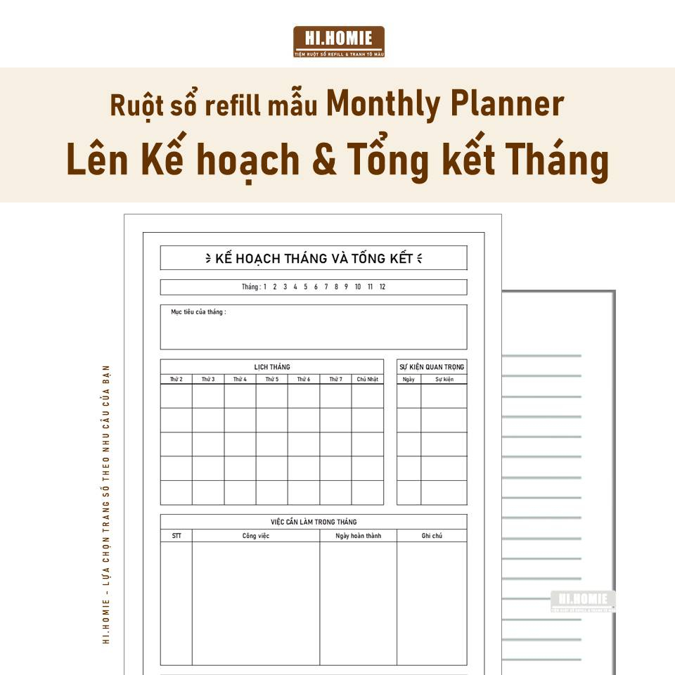 Mẫu Lên Kế hoạch và Tổng kết tháng - Ruột sổ còng, giấy refill | A5, A4, B5 - Hi Homie Shop