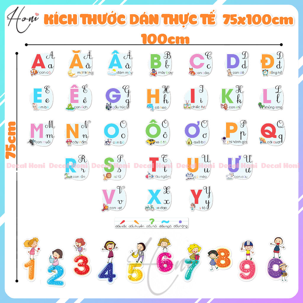 Bộ Decal Bảng 29 Chữ Cái Tiếng Việt  Dán Rời và Chữ Số Từ 0 đến 9
