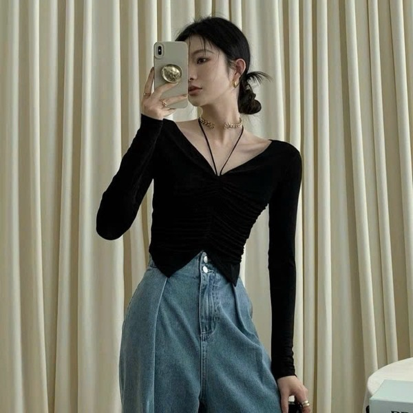 Áo thun tăm dài tay cách điệu nhúm trước siêu đẹp, Áo tăm dài tay cách điệu buộc dây nhúm trước ngực